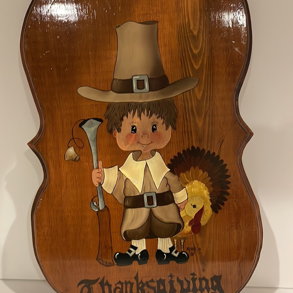 Adorable Hand Painted Vintage Thanksgiving Plaque - Picture 2 of 6
